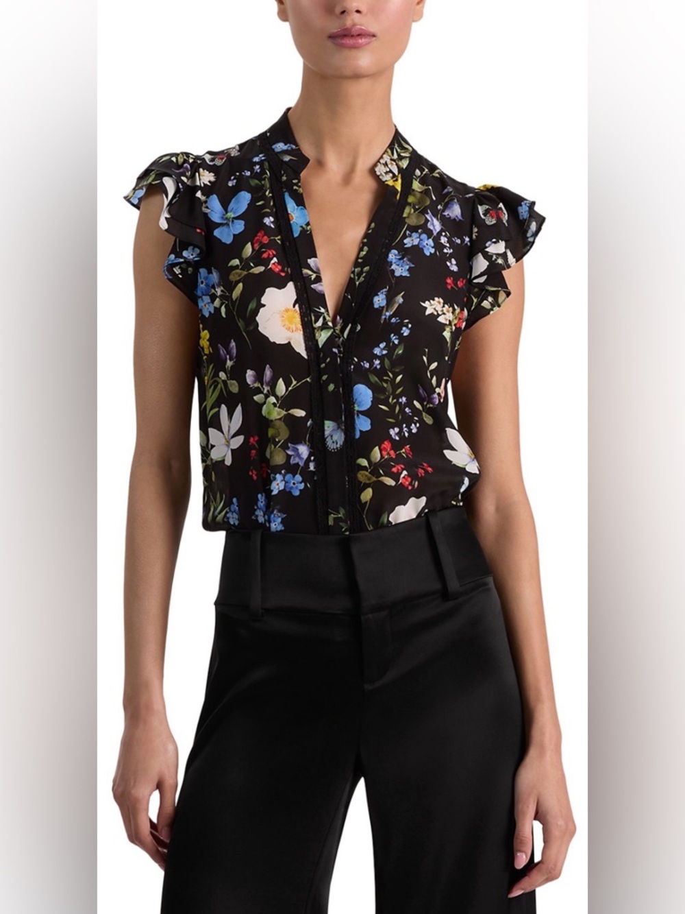 Alice + Olivia Arlette Flutter Sleeve Silk Top